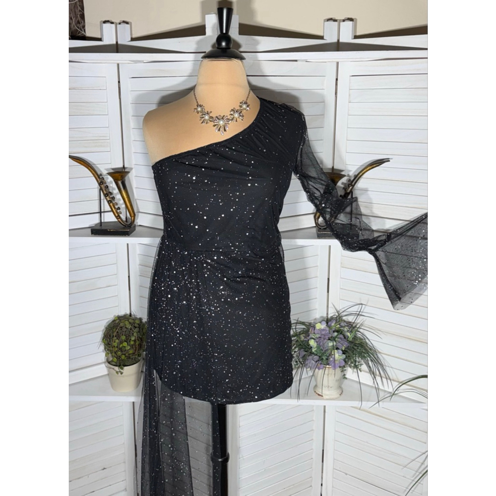 Shein mini dress black sparkle one shoulder sheer cocktail glam whimsigoth sz 1X